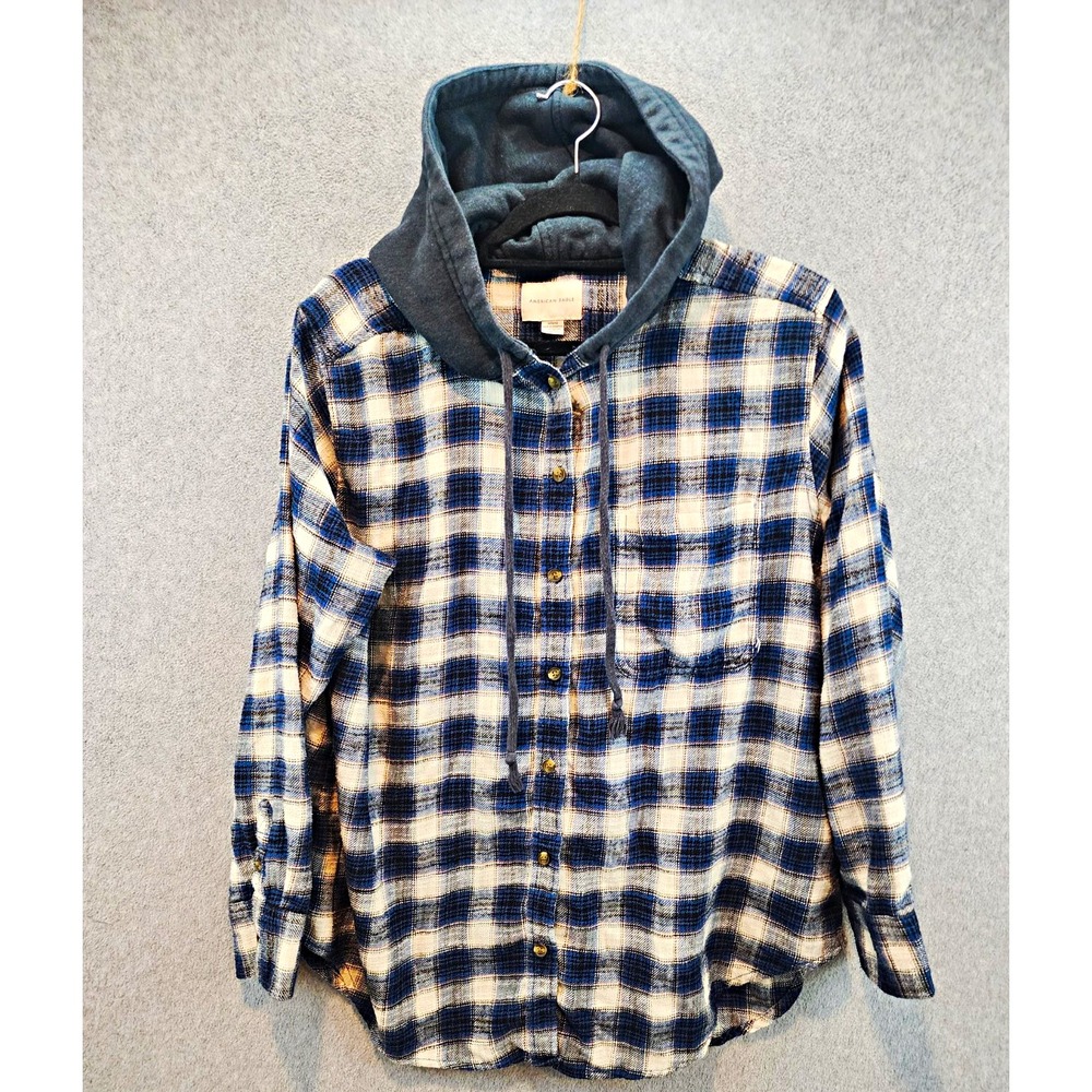 American Eagle Outfitters Men's M Regular Blue Plaid Flannel Hooded Button-Up